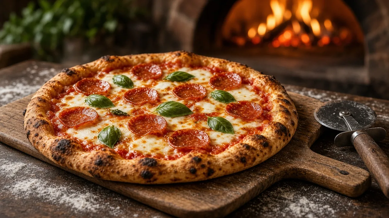 A brick oven pepperoni pizza with fresh basil on a wooden peel next to a pizza cutter, with an oven fire glowing in the background